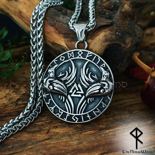 Viking Raven Necklace Huginn and Muninn Norse Pendant, Stainless Steel