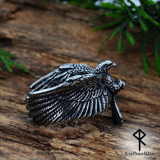 Viking Raven Ring Huginn Muninn Stainless Steel Adjustable Norse Men’s Ring