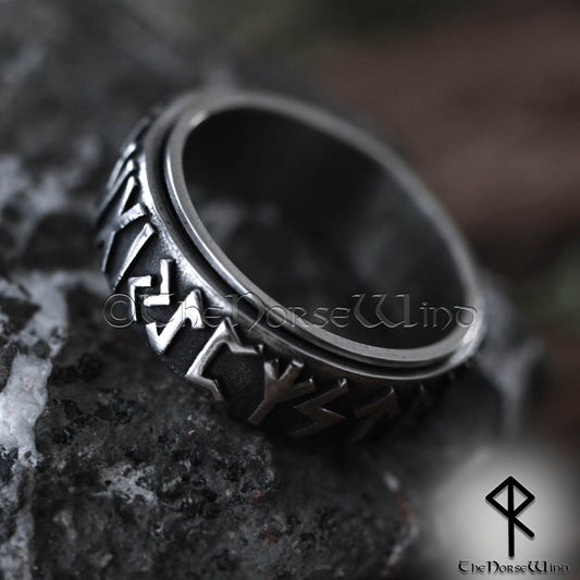 Elder Futhark Runes Spinner Ring - Stainless Steel Viking Wedding Band - The Norse Wind