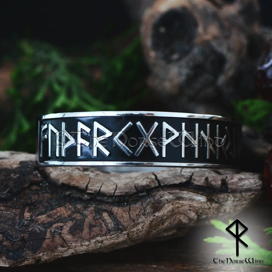 Viking Runes Cuff Bracelet - Elder Futhark Arm Ring - The Norse Wind