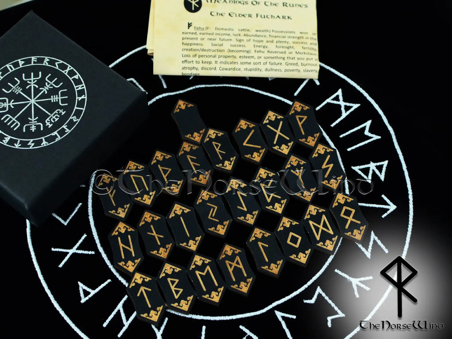 Elder Futhark Viking Runes Set - Black Wood with Vegvisir Pouch - The Norse Wind