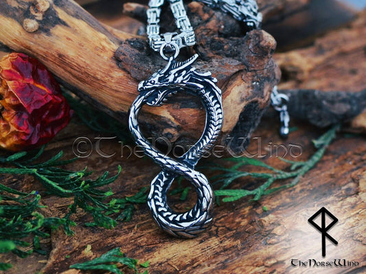 Viking Dragon Necklace, Norse Serpent Jormungandr Pendant - The Norse Wind