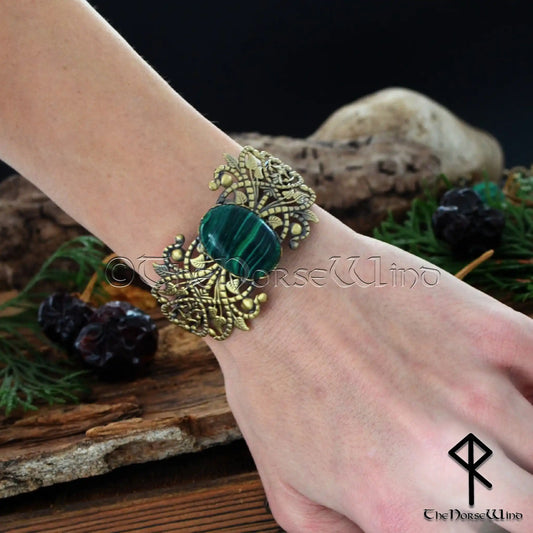 Viking cuff bracelet with malachite for women