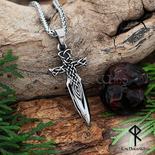 Viking dagger necklace with Celtic knot engravings in 316L stainless steel