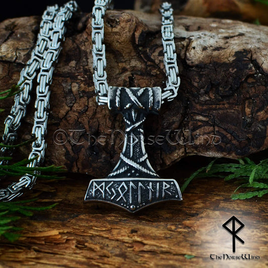 Thor's Hammer Viking Necklace, Norse Mjolnir Pendant Stainless Steel