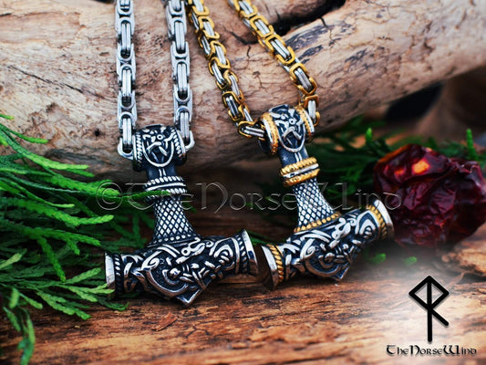 Thor Hammer Necklace, Viking Mjolnir Pendant with Celtic Knots Dragon in Silver or Gold - The Norse Wind