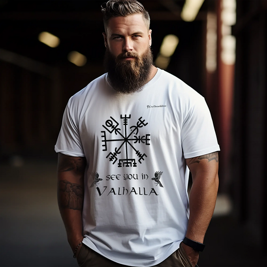 Viking Compass Vegvisir T-Shirt Black Print - See You In Valhalla Tee Unisex S-5XL - TheNorseWind