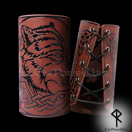 Fenrir Wolf Viking Bracers, Mediaeval Leather Arm Guards - The Norse Wind