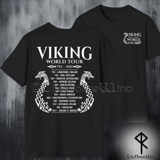 Viking World Tour T-Shirt — Double-Sided Norse Longship Tour Dates Tee