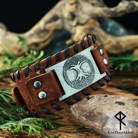 Yggdrasil Leather Bracelet - Viking Wide Wristband - The Norse Wind