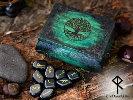 Futhark Rune Stones Set in Yggdrasil Wooden Box - The Norse Wind