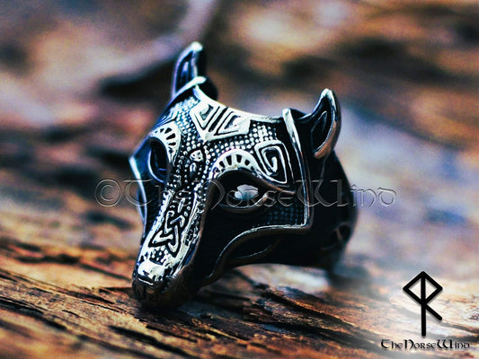 Fenrir Wolf Head Viking Ring, Solid Norse Men's Steel Ring
