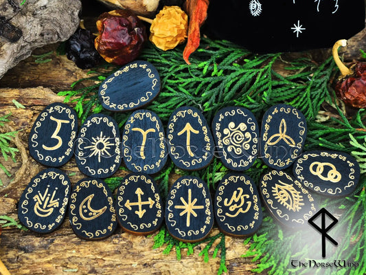 Handcrafted Witches Runes Set - Engraved Black Wooden Runes & Velvet Pouch