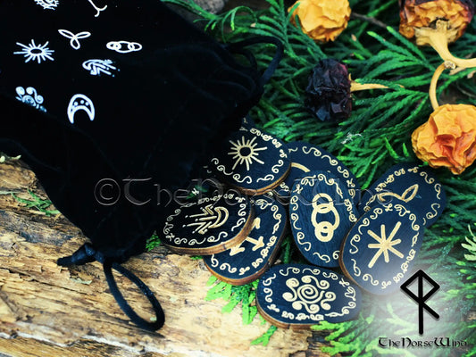 13 Witches Runes Set - Engraved Black Wooden Runes & Velvet Pouch
