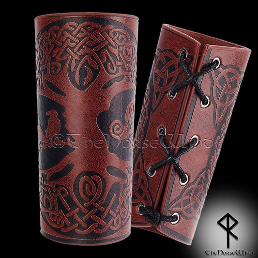 Yggdrasil Viking Leather Bracers, Mediaeval Celtic Arm Guards - The Norse Wind
