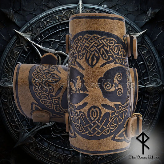 Yggdrasil Viking Bracers – Norse Leather Arm Guards with Odin’s Ravens