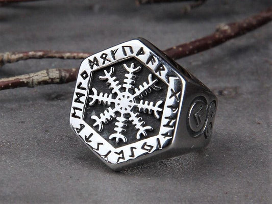 Viking Aegishjalmur Ring, Silver Helm of Awe Men's Runic Ring - TheNorseWind