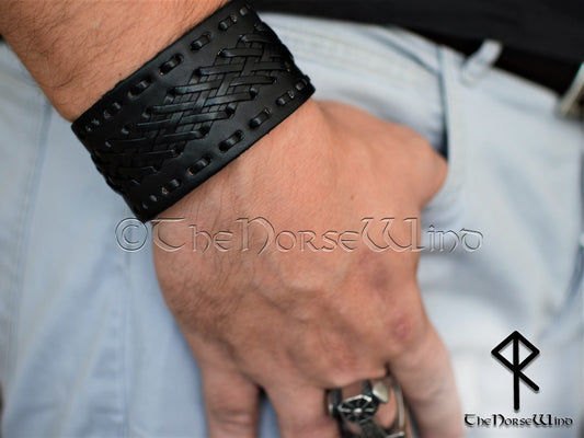 Black Leather Bracelet, Viking Gothic Braided Leather Wristband TheNorseWind
