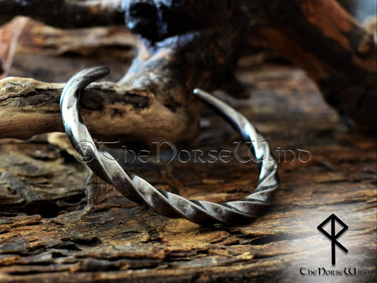 Hand Forged Viking Bracelet, Hammered Celtic Torque, Antique Steel Arm Ring - The Norse Wind