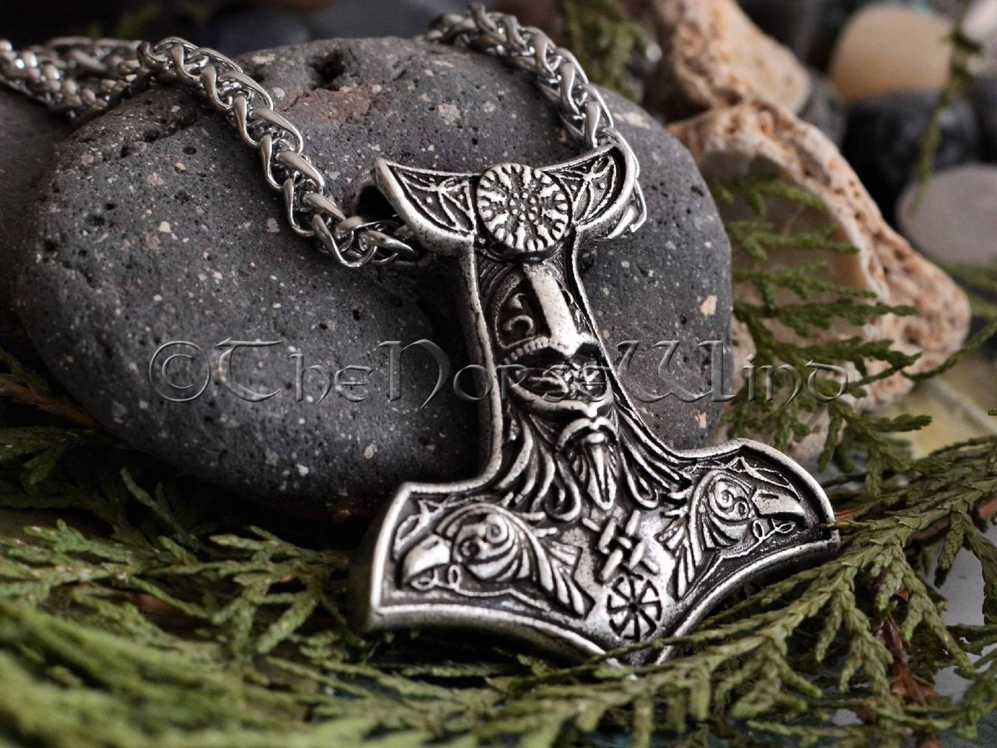 Thor's Hammer Viking Necklace, Mjolnir Pendant with Odin Ravens TheNorseWind