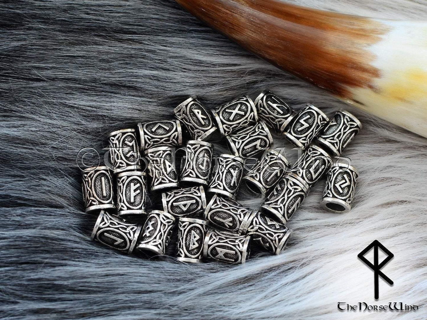 Viking Runes Beads Set 24 Futhark Bead Rings, Silver TheNorseWind