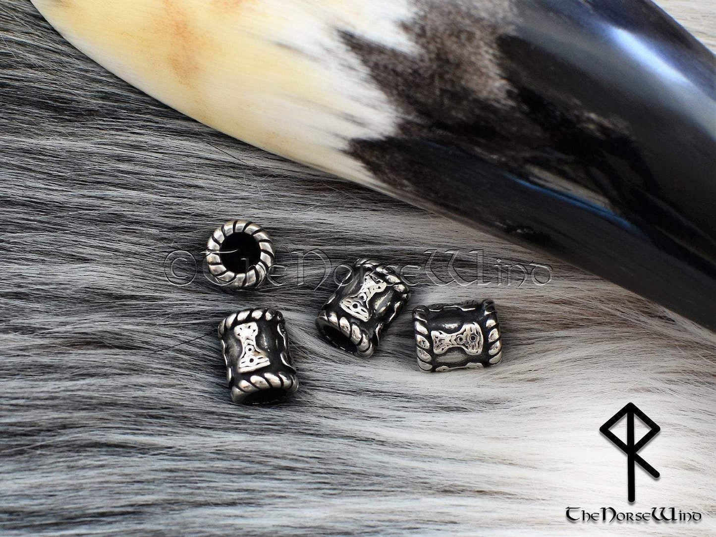 Thor's Hammer Viking Beard Beads, Mjolnir Steel Hair Rings TheNorseWind