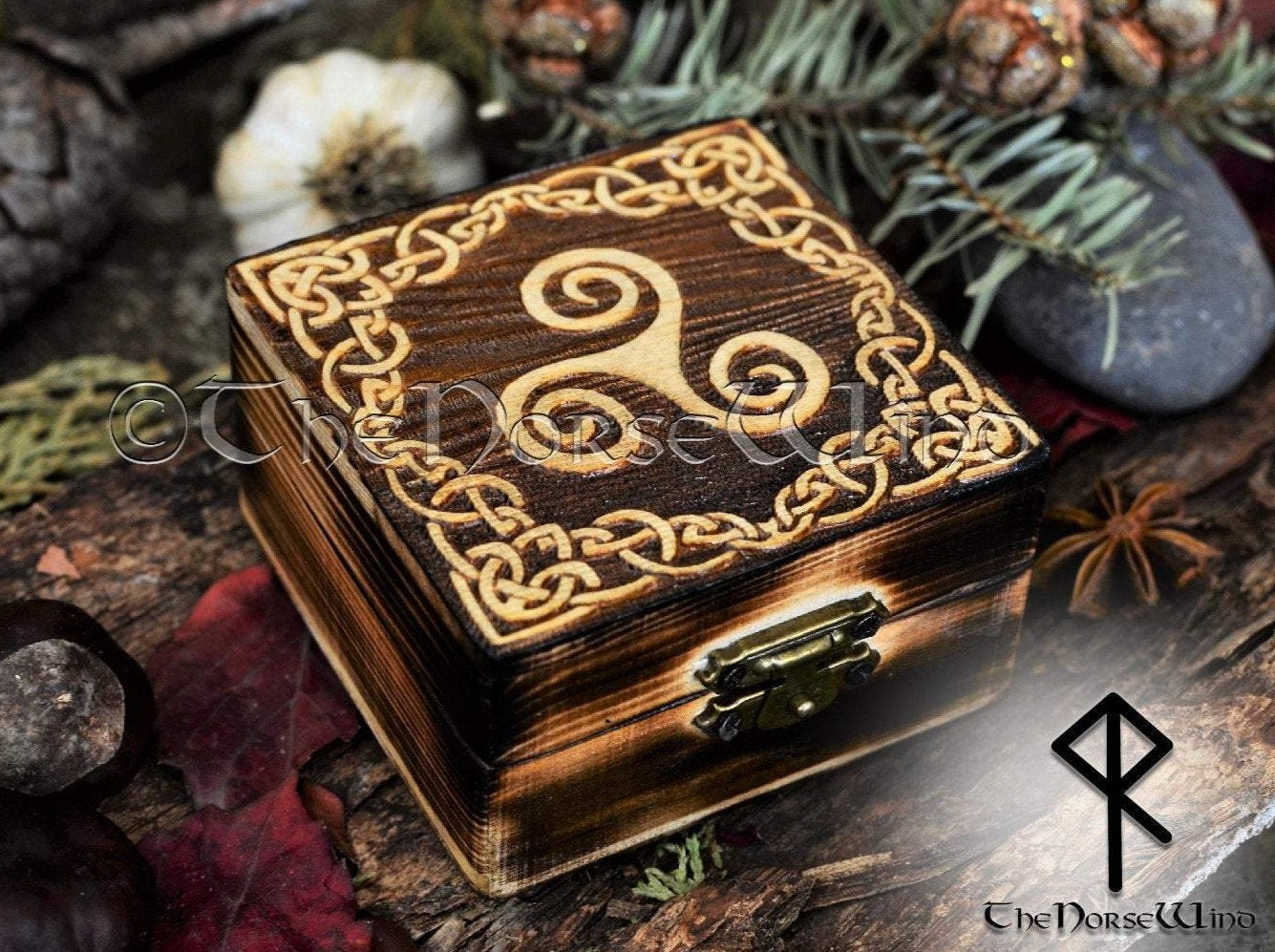 Viking Wooden Box, Triskele Carved Pagan Alter Chest