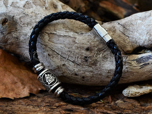 Valknut Leather Bracelet, Viking Runes Odin Wristband TheNorseWind