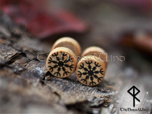Helm of Awe Earrings, Fake Plug Aegishjalmur Viking Runes Gauges Wooden Earplugs 10mm Viking Tunnels Earrings Viking Jewelry Norse Mythology TheNorseWind