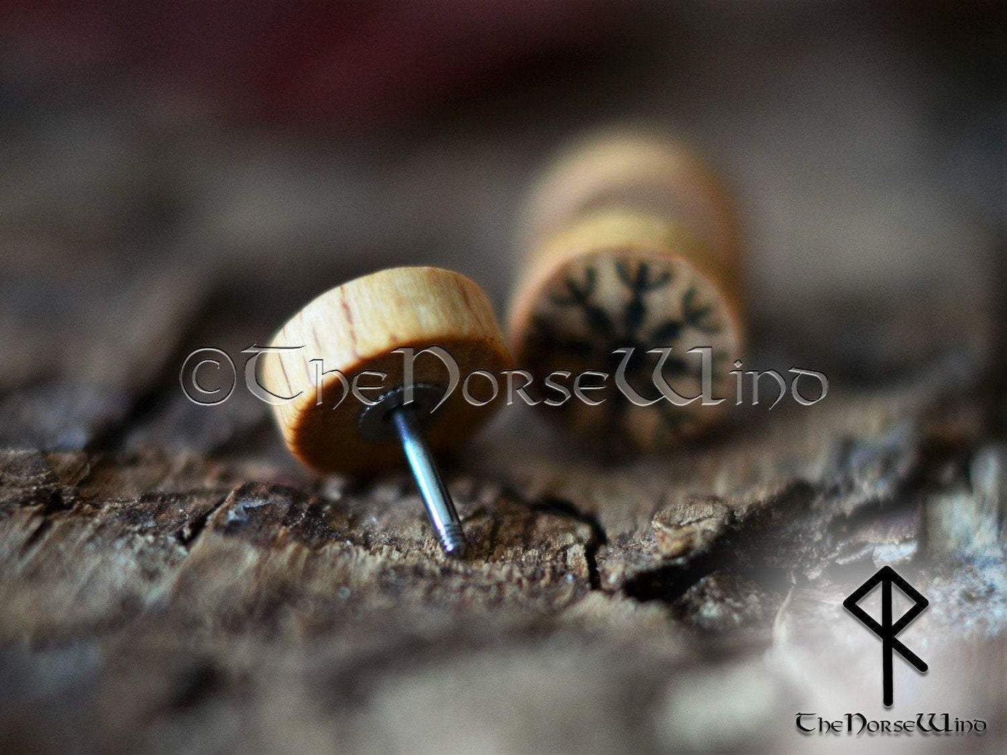 Helm of Awe Earrings, Fake Plug Aegishjalmur Viking Runes Gauges Wooden Earplugs 10mm Viking Tunnels Earrings Viking Jewelry Norse Mythology TheNorseWind