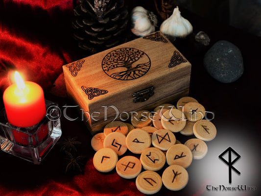Viking Rune Set with Yggdrasil Altar Box, Elder Futhark Runes Tree of Life TheNorseWind