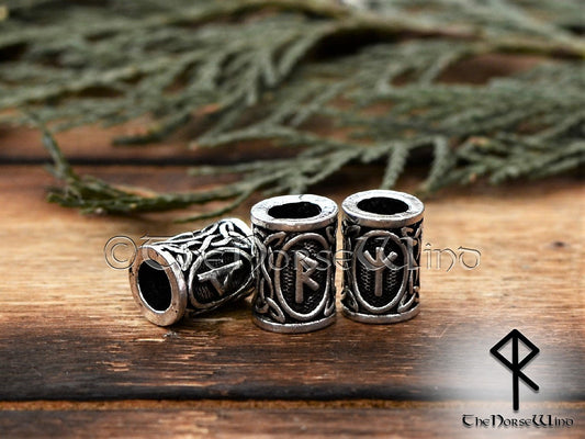 Viking Beard Beads Futhark Runes - Silver 6mm Hole TheNorseWind