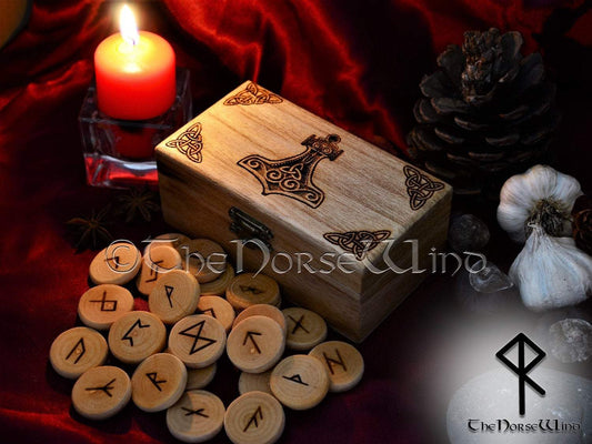 Rune Set Elder Futhark with Thor's Hammer Mjolnir Box Viking Runes Norse Runes Wooden Runes Norse Mythology Wicca Pagan Asatru TheNorseWind