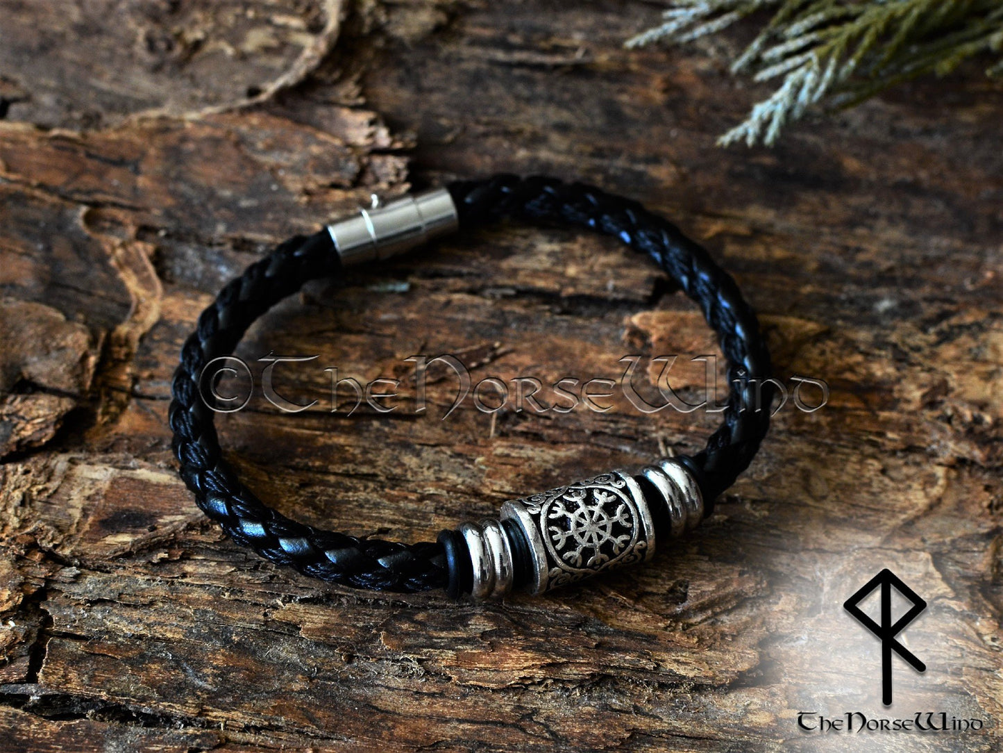 Viking Bracelet Helm of Awe, Aegishjalmur Leather Wristband TheNorseWind