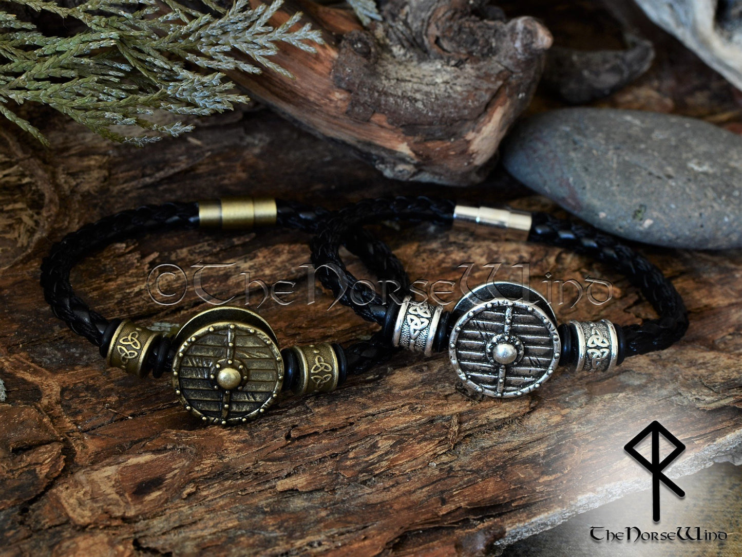 Viking Shield Bracelet Leather Wristband - Silver TheNorseWind