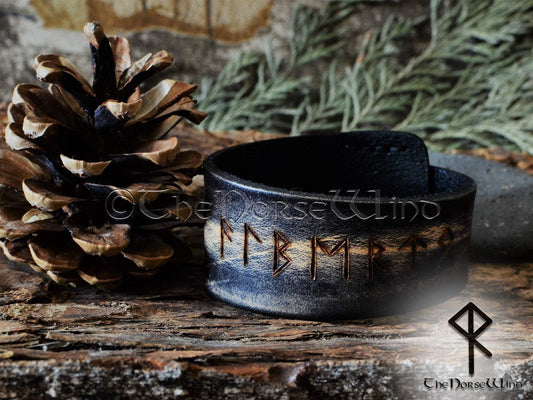 Custom Viking Bracelet - Name in Runes, Black Leather Runes Cuff TheNorseWind