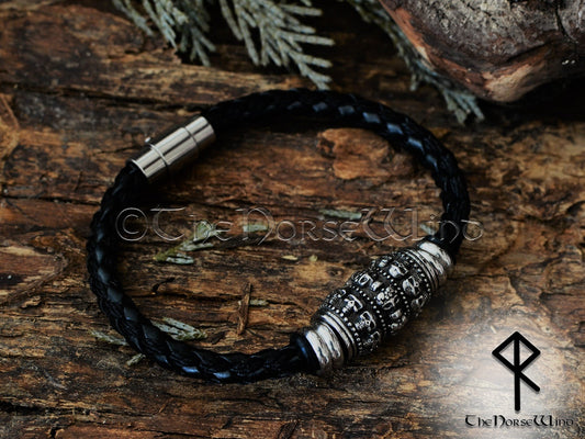 Skull Bracelet, Viking Leather Wristband Gothic Biker Cuff TheNorseWind