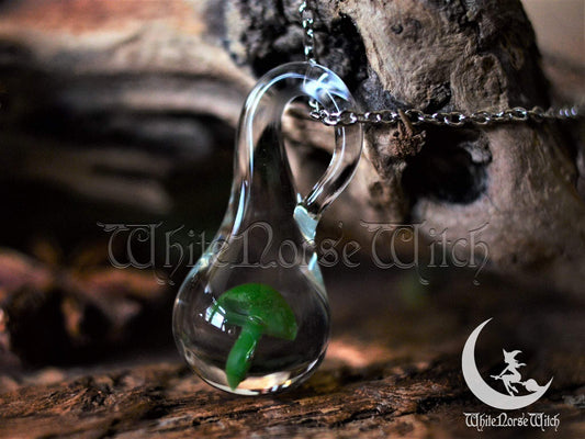 Glass Mushroom Necklace, Terrarium Witch Necklace, Green Mushroom Pendant, Witch Jewelry, Wicca Shroom - TheNorseWind