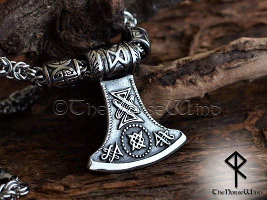 Thor Hammer Viking Axe Necklace - Steel Mjolnir Pendant TheNorseWind