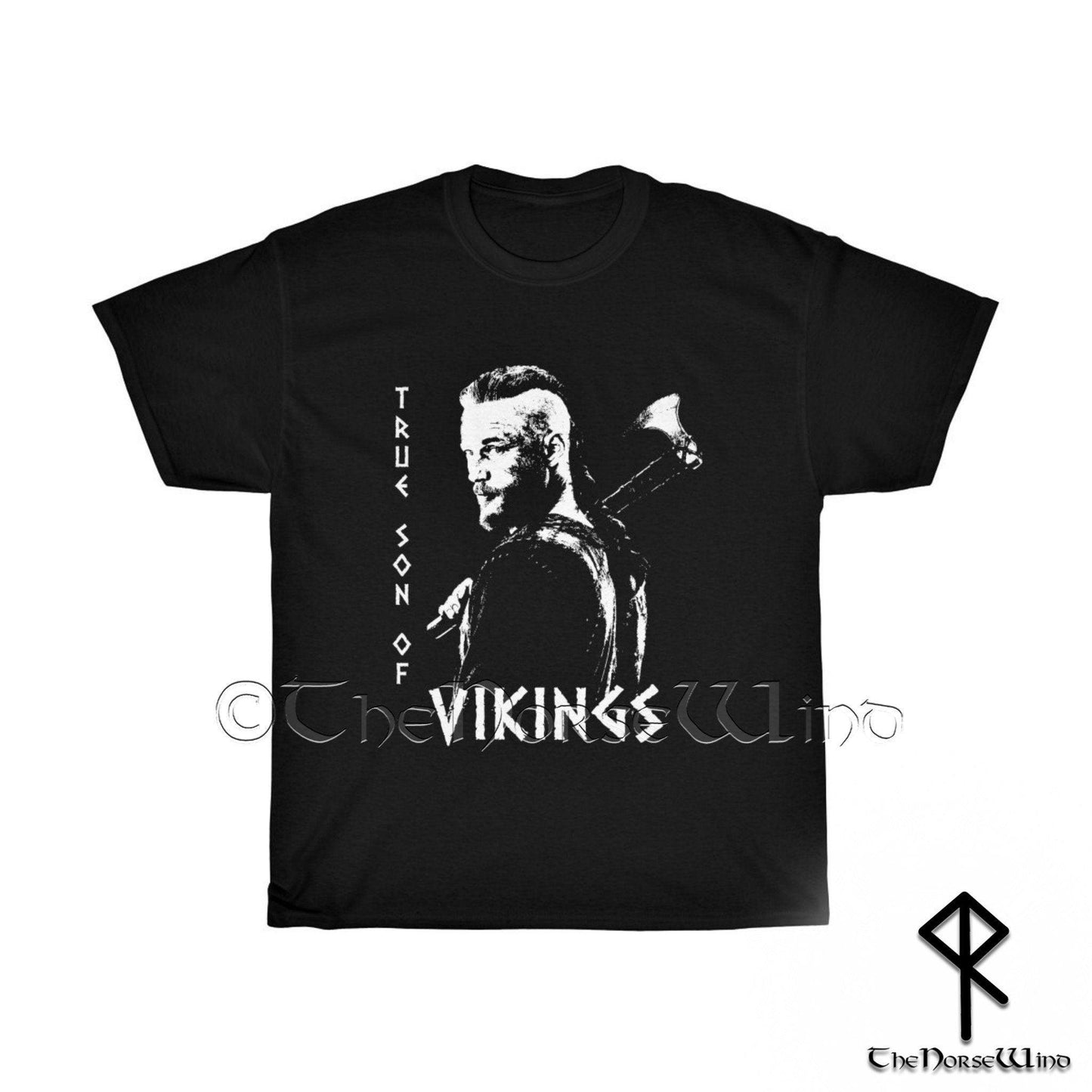 Viking T-Shirt, True Son of Vikings Ragnar Lothbrok Axe Tee, Black Biker Viking Ragnar Tshirt / All Sizes S - 5XL, Norse Mythology - TheNorseWind
