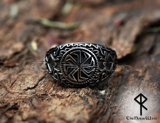 Viking Kolovrat Ring Slavic Sun Wheel Silver Runes Amulet - TheNorseWind
