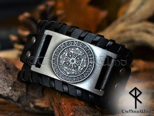 Viking Mjolnir Leather Bracelet - Silver Thor's Hammer Black Wristband - TheNorseWind