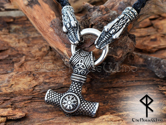Thor's Hammer O-ring Necklace, Helm of Awe Mjolnir Pendant with Dragon Heads - The Norse Wind