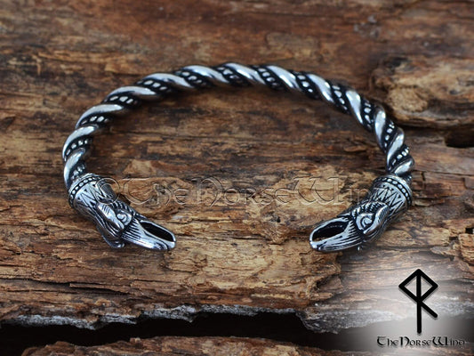Viking Raven Bracelet, Odin Ravens Head Torc, Norse Arm Ring - Stainless Steel - The Norse Wind