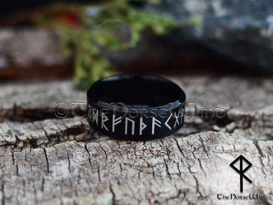 Viking Runes Ring - Black Stainless Steel Futhark Ring - TheNorseWind