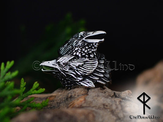 Viking Ravens Ring, Hugin and Munin Odin's Ravens, Stainless Steel - The Norse Wind