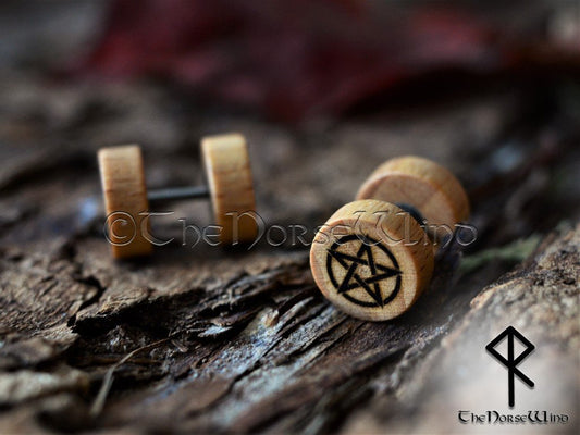 Pentagram Gauges Gothic Tunnel Earrings, Wiccan Pentacle Wooden Ear Plugs 10mm - TheNorseWind