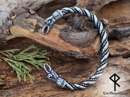 Viking Raven Bracelet, Odin Ravens Head Torc, Norse Arm Ring - Stainless Steel