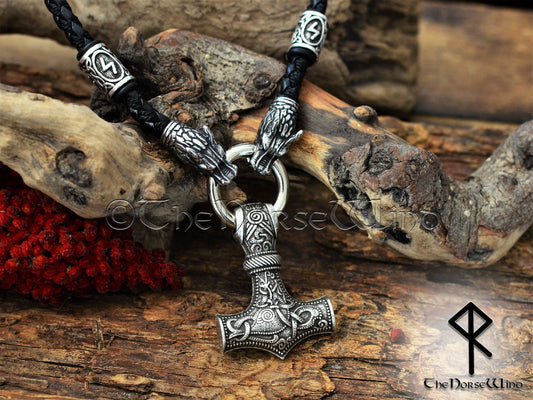 Viking Mjolnir Necklace, Thor's Hammer O Ring, Fenrir Wolf Heads Rune Pendant - The Norse Wind
