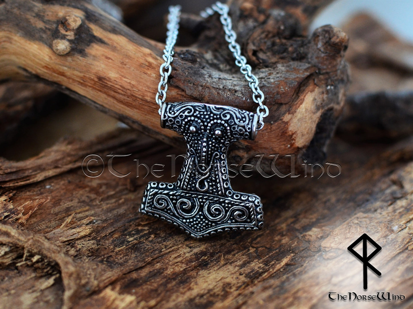 Skåne Thor's Hammer Necklace Viking Raven Head Mjolnir Silver Pendant - TheNorseWind